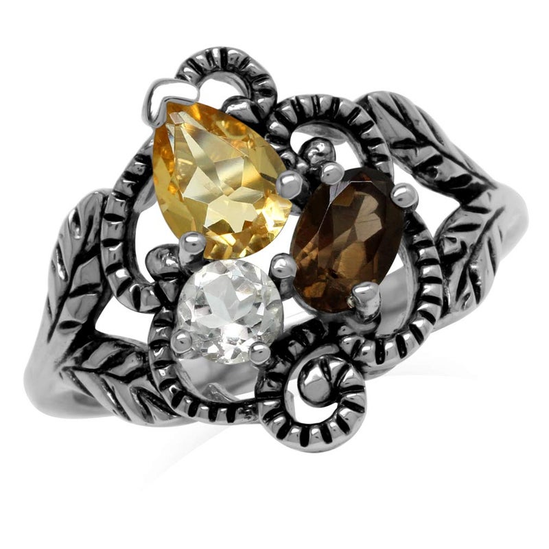 Silvershake Citrine Smoky Quartz and White Topaz 925 Sterling Silver Vintage Style Leaf Ring Size 6 - Image 1